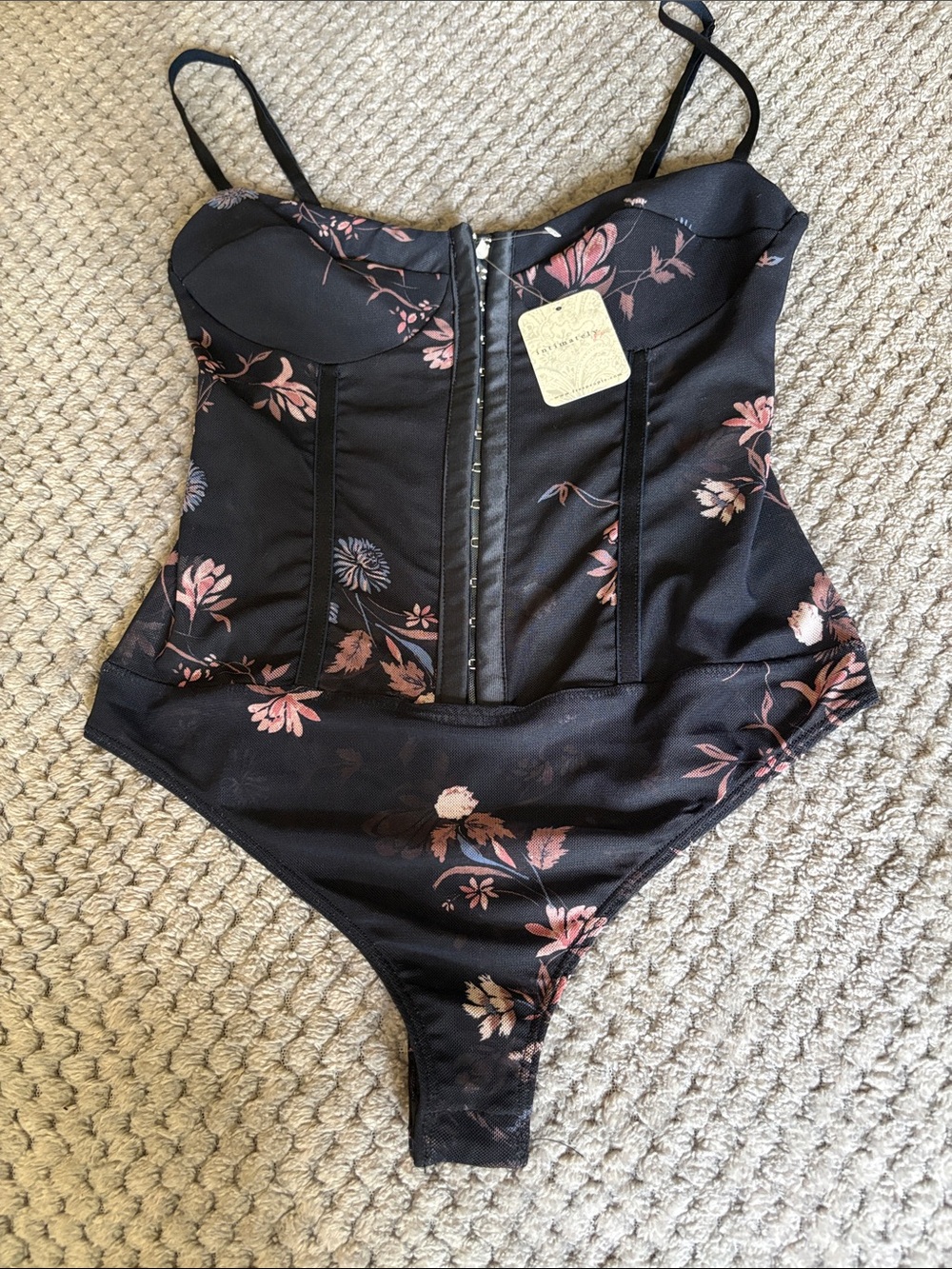 Free People Black Floral Corset One-Piece Bodysuit